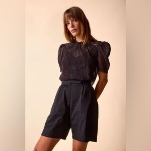 St Roche Leith Embroidered Cotton Tulle Top in Navy